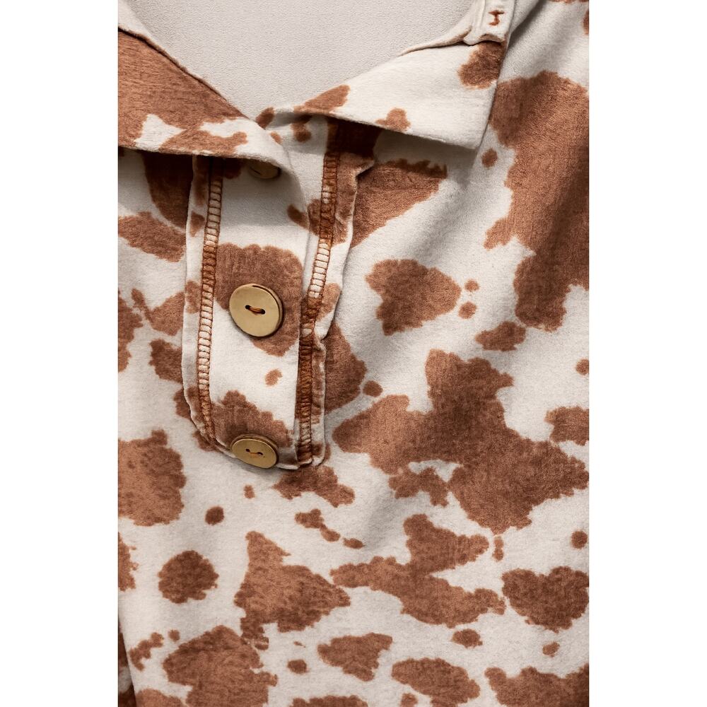 Olive & Oak Medium Cow Print Top Boho Western Henley Crochet Sleeve Blouse Wn’s - Picture 3 of 9